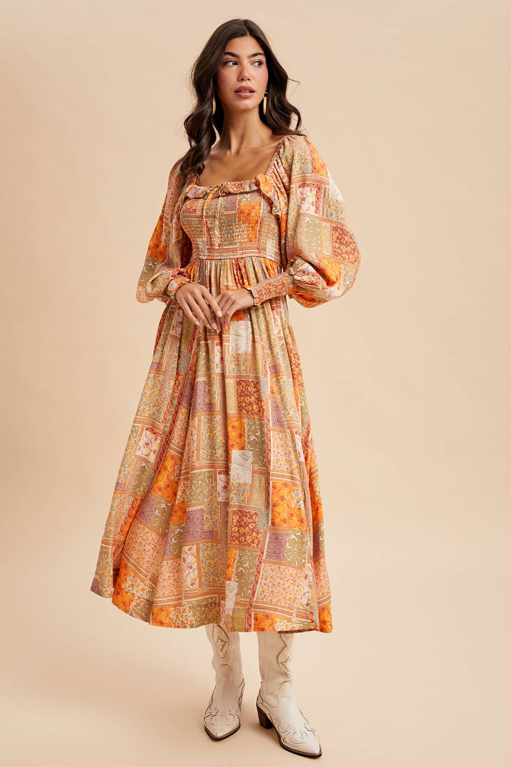 SMOCKED RUFFLED PATCHWORK MAXI