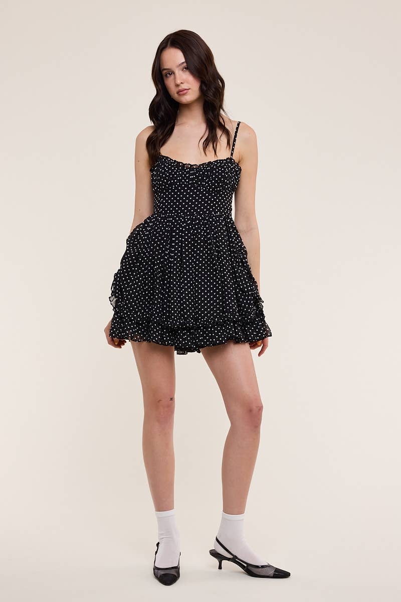 POLKA DOT MESH DOUBLE LAYERED RUFFLE MINI DRESS