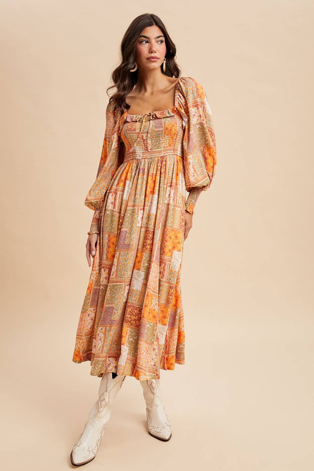 SMOCKED RUFFLED PATCHWORK MAXI