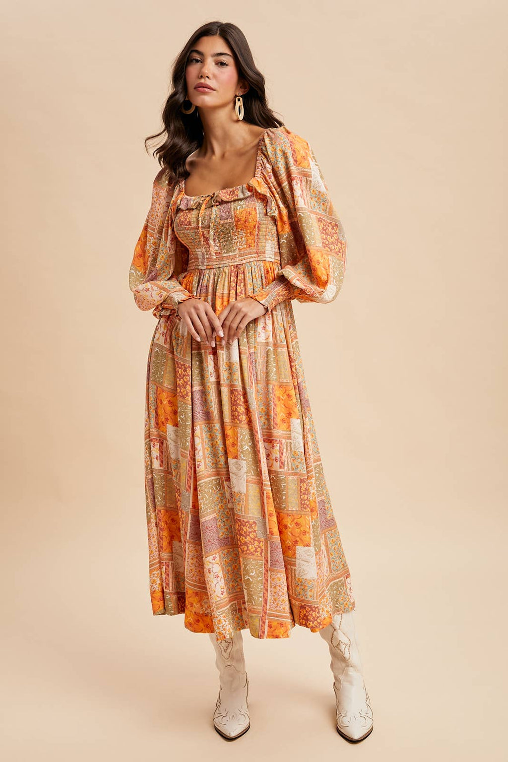 SMOCKED RUFFLED PATCHWORK MAXI