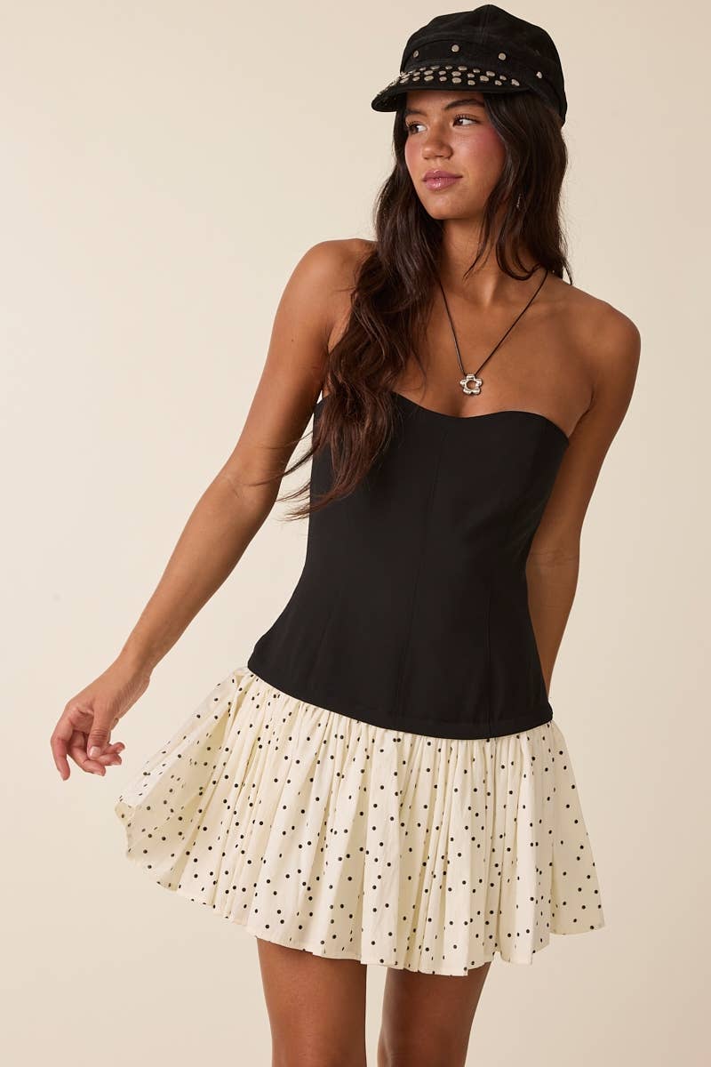 HALF SOLID BODY HALF POLKA DOT TUBE MINI DRESS