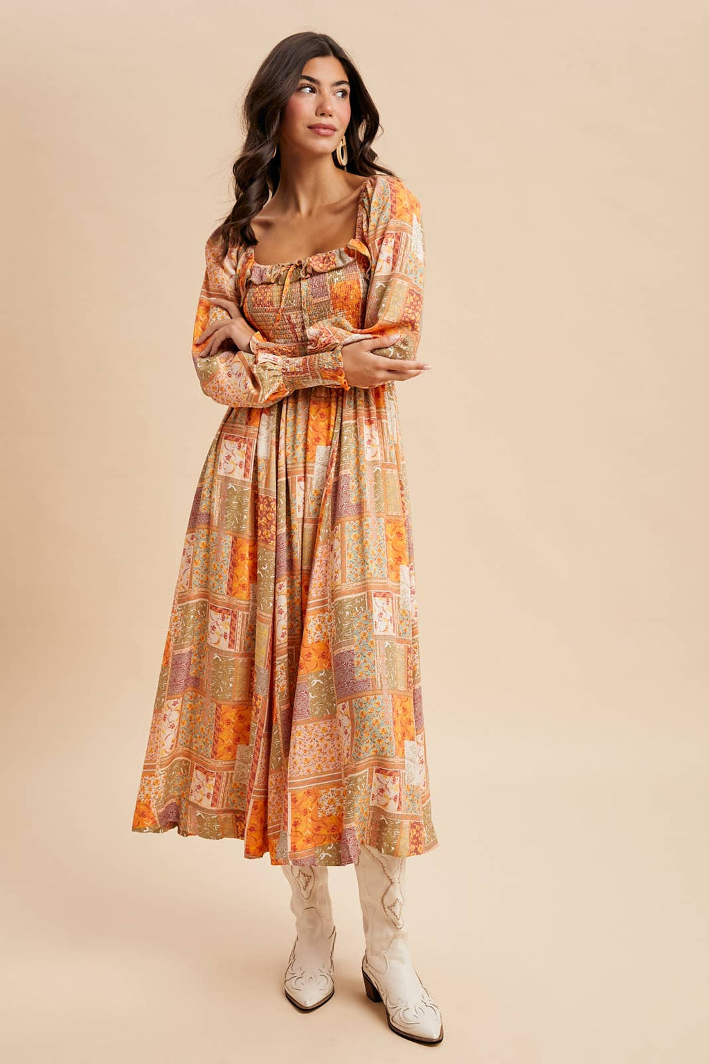 SMOCKED RUFFLED PATCHWORK MAXI