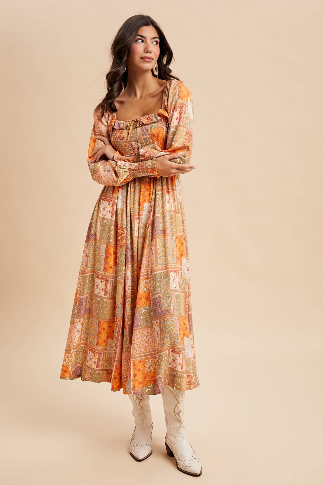 SMOCKED RUFFLED PATCHWORK MAXI