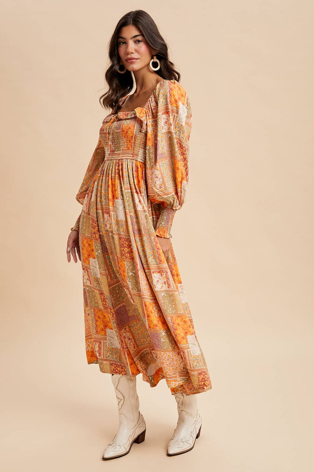 SMOCKED RUFFLED PATCHWORK MAXI