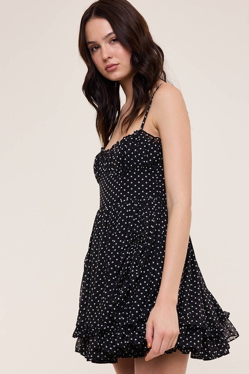 POLKA DOT MESH DOUBLE LAYERED RUFFLE MINI DRESS