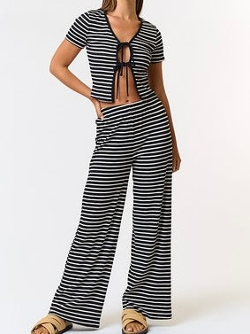 Striped Tie Front Top And Leg Pants