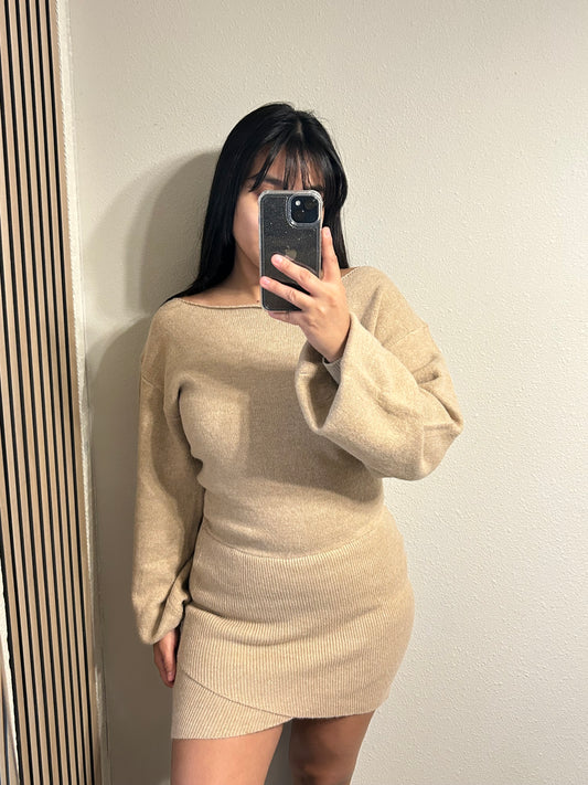 Boat Neck Tan Sweater Dress