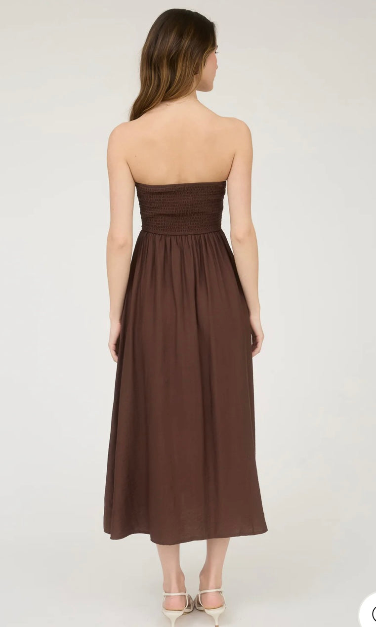 Brown Strapless Midi Sundress