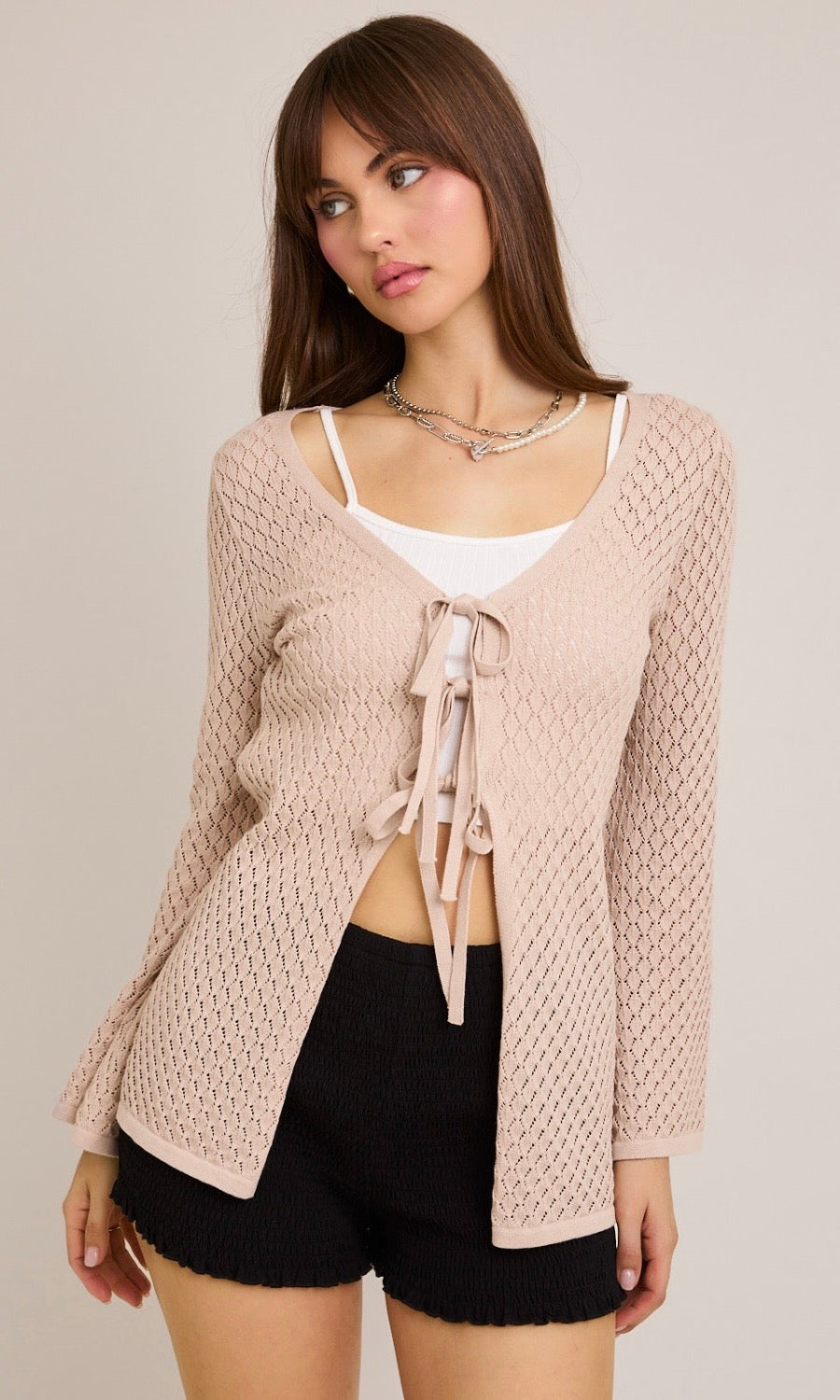 Bone Front Tie Cardigan