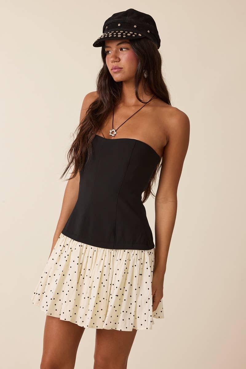HALF SOLID BODY HALF POLKA DOT TUBE MINI DRESS