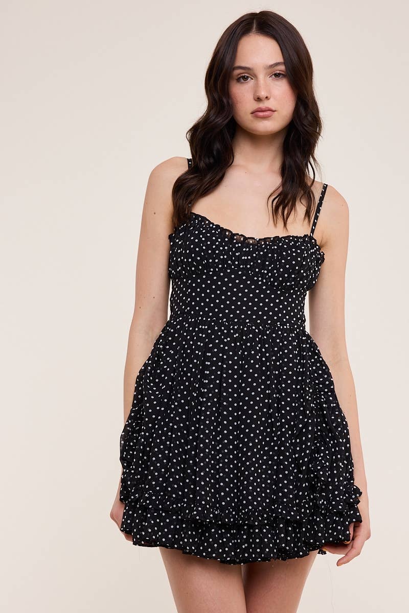 POLKA DOT MESH DOUBLE LAYERED RUFFLE MINI DRESS