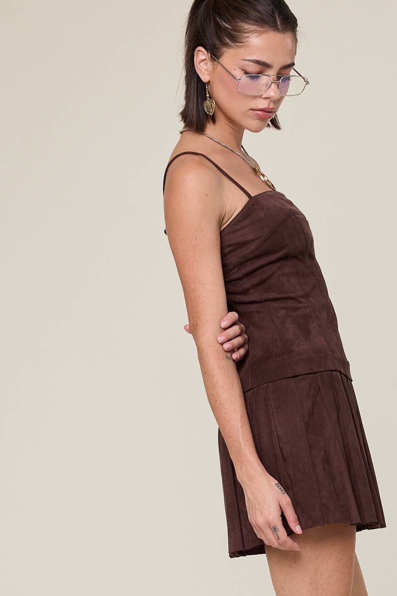 SUEDE BROWN SOLID COLOR PLEATED COMBO MINI DRESS