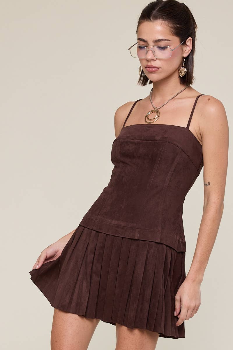 SUEDE BROWN SOLID COLOR PLEATED COMBO MINI DRESS