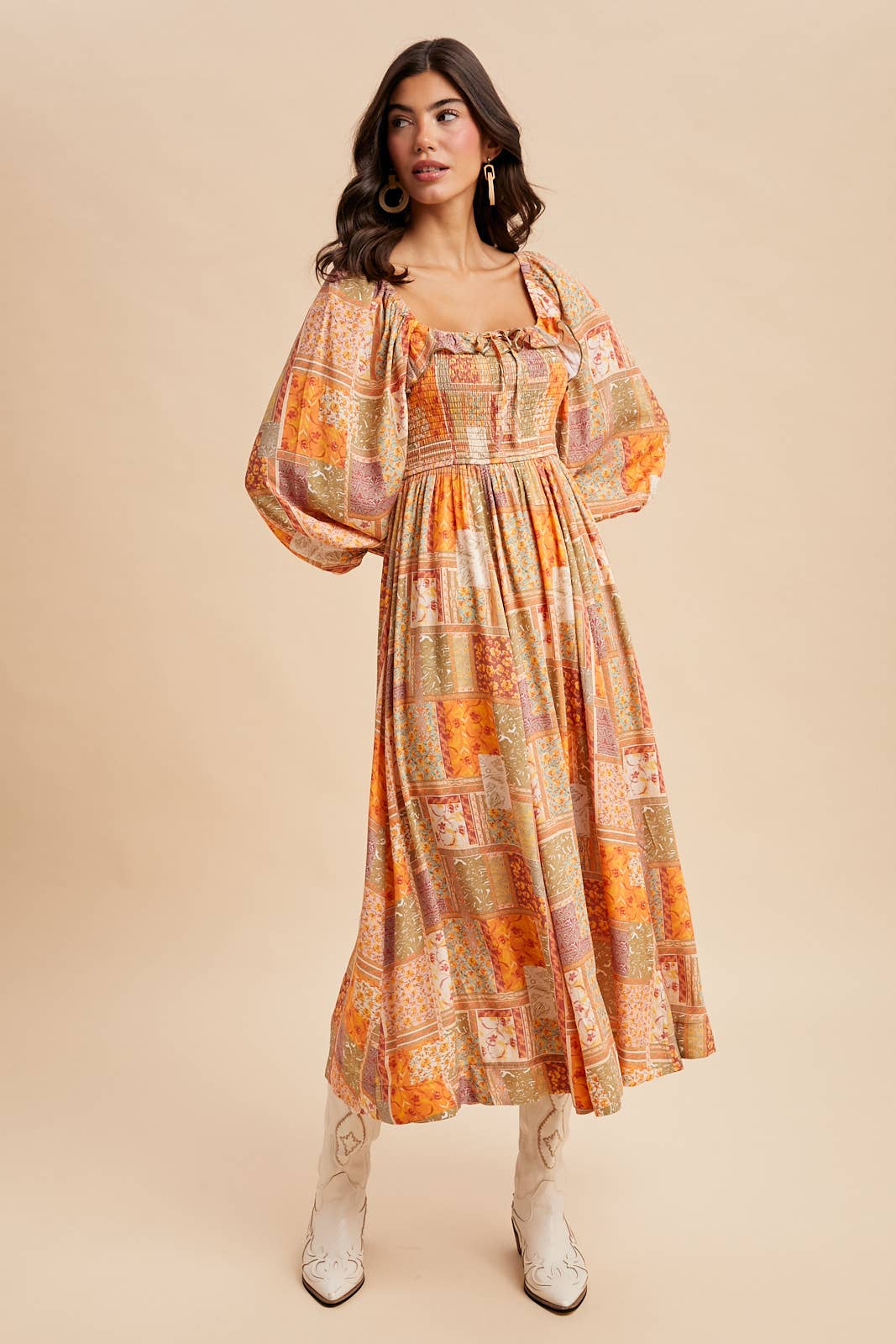 SMOCKED RUFFLED PATCHWORK MAXI